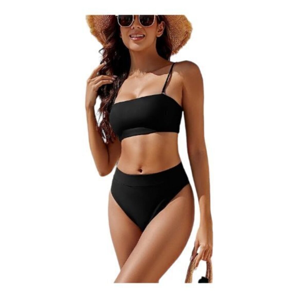 Bandeau Bikini Swimsuit High Waisted Bottom Black NWT Size Large #6834